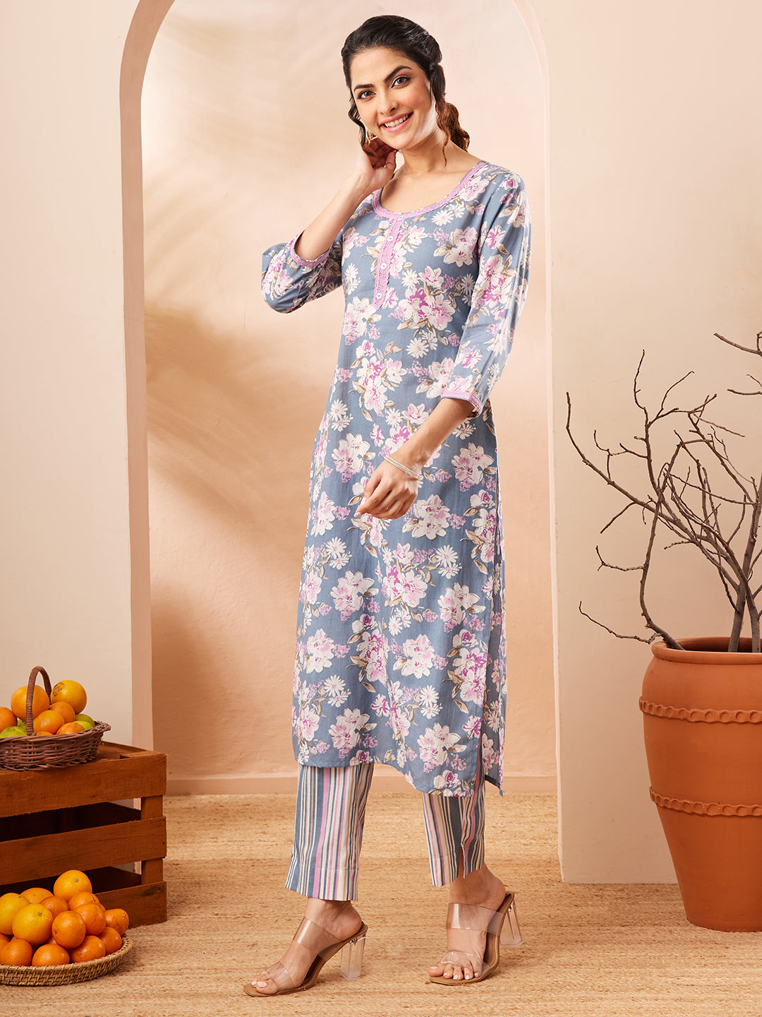 Janasya Grey Straight Cotton Kurta & Bottom - Dista