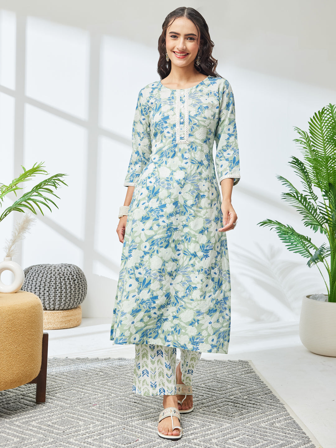 Janasya Sage Straight Cotton Kurta & Bottom - Dista