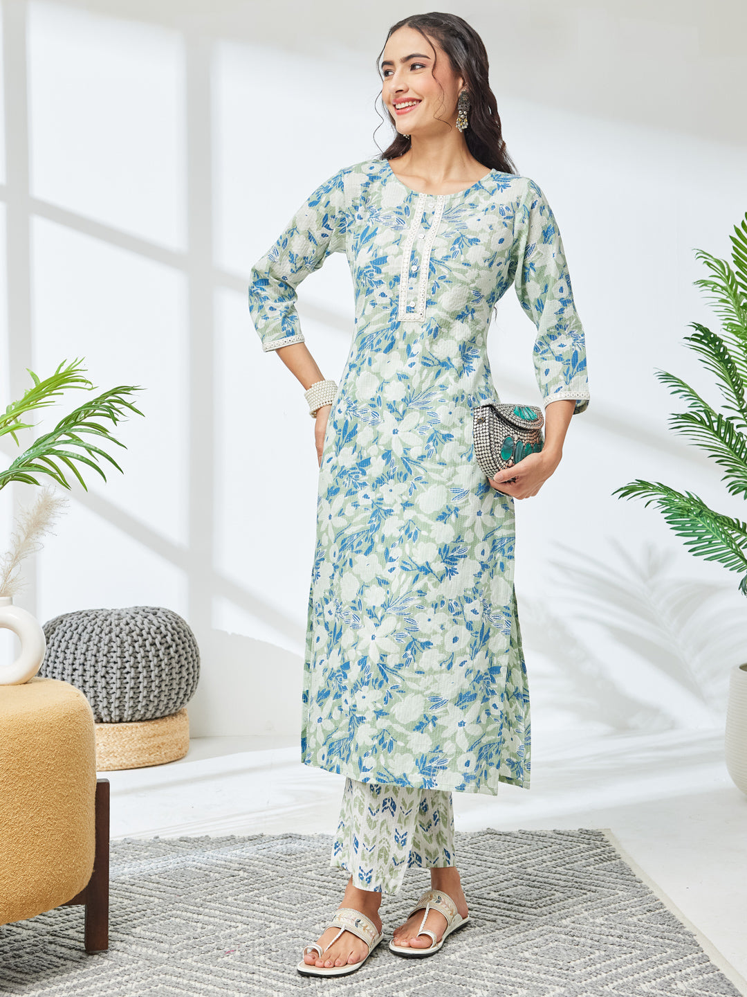 Janasya Sage Straight Cotton Kurta & Bottom - Dista