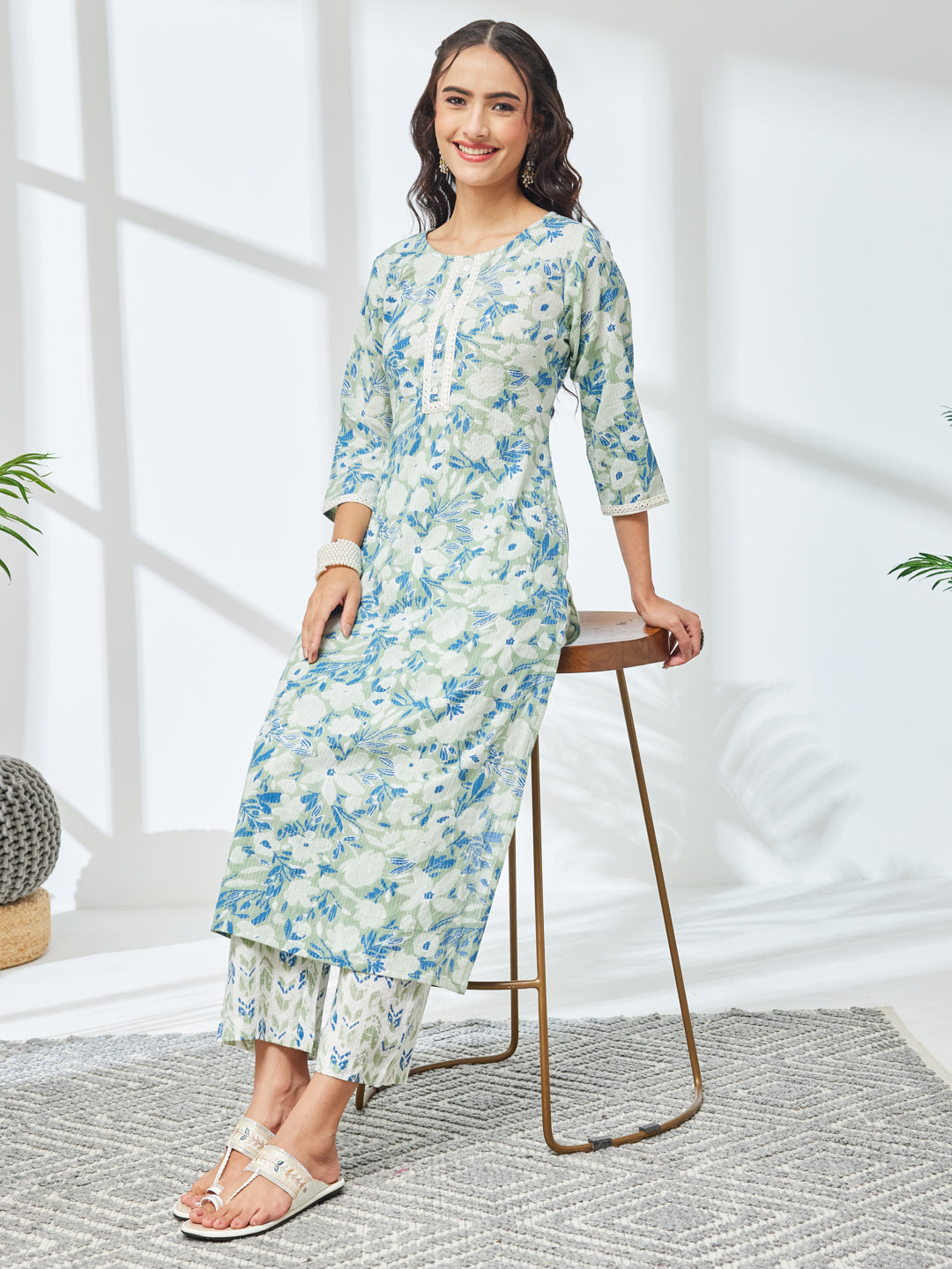 Janasya Sage Straight Cotton Kurta & Bottom - Dista