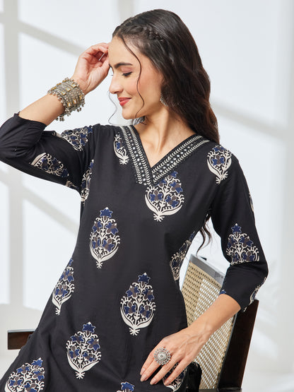 Janasya Black Straight Cotton Kurta & Bottom - Dista