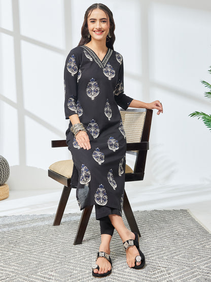 Janasya Black Straight Cotton Kurta & Bottom - Dista