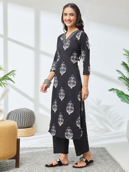 Janasya Black Straight Cotton Kurta & Bottom - Dista