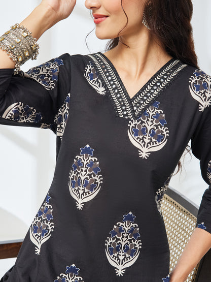Janasya Black Straight Cotton Kurta & Bottom - Dista