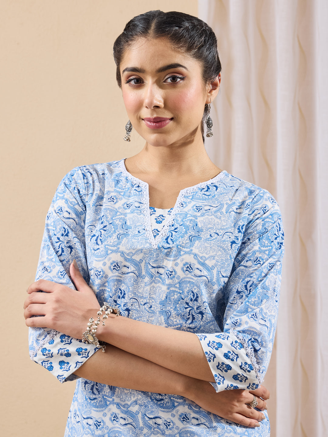Janasya Light Blue Straight Cotton Kurta & Bottom - Dista