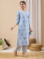 Thumbnail for Janasya Light Blue Straight Cotton Kurta & Bottom - Dista