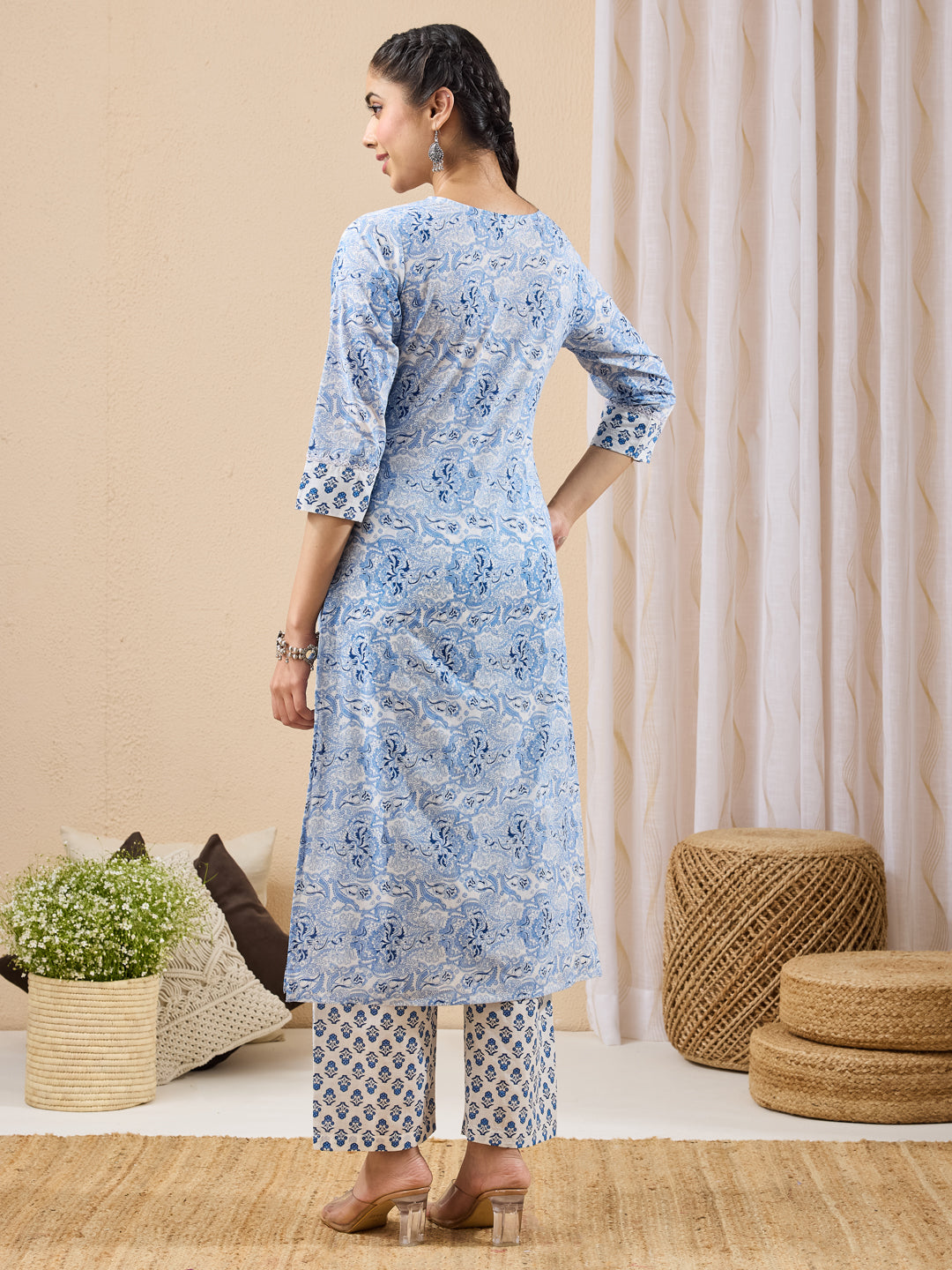 Janasya Light Blue Straight Cotton Kurta & Bottom - Dista