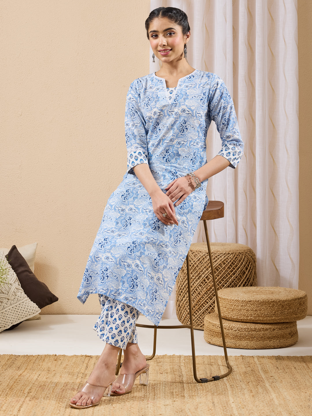 Janasya Light Blue Straight Cotton Kurta & Bottom - Dista