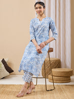 Thumbnail for Janasya Light Blue Straight Cotton Kurta & Bottom - Dista