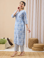 Thumbnail for Janasya Light Blue Straight Cotton Kurta & Bottom - Dista