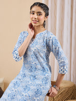 Thumbnail for Janasya Light Blue Straight Cotton Kurta & Bottom - Dista