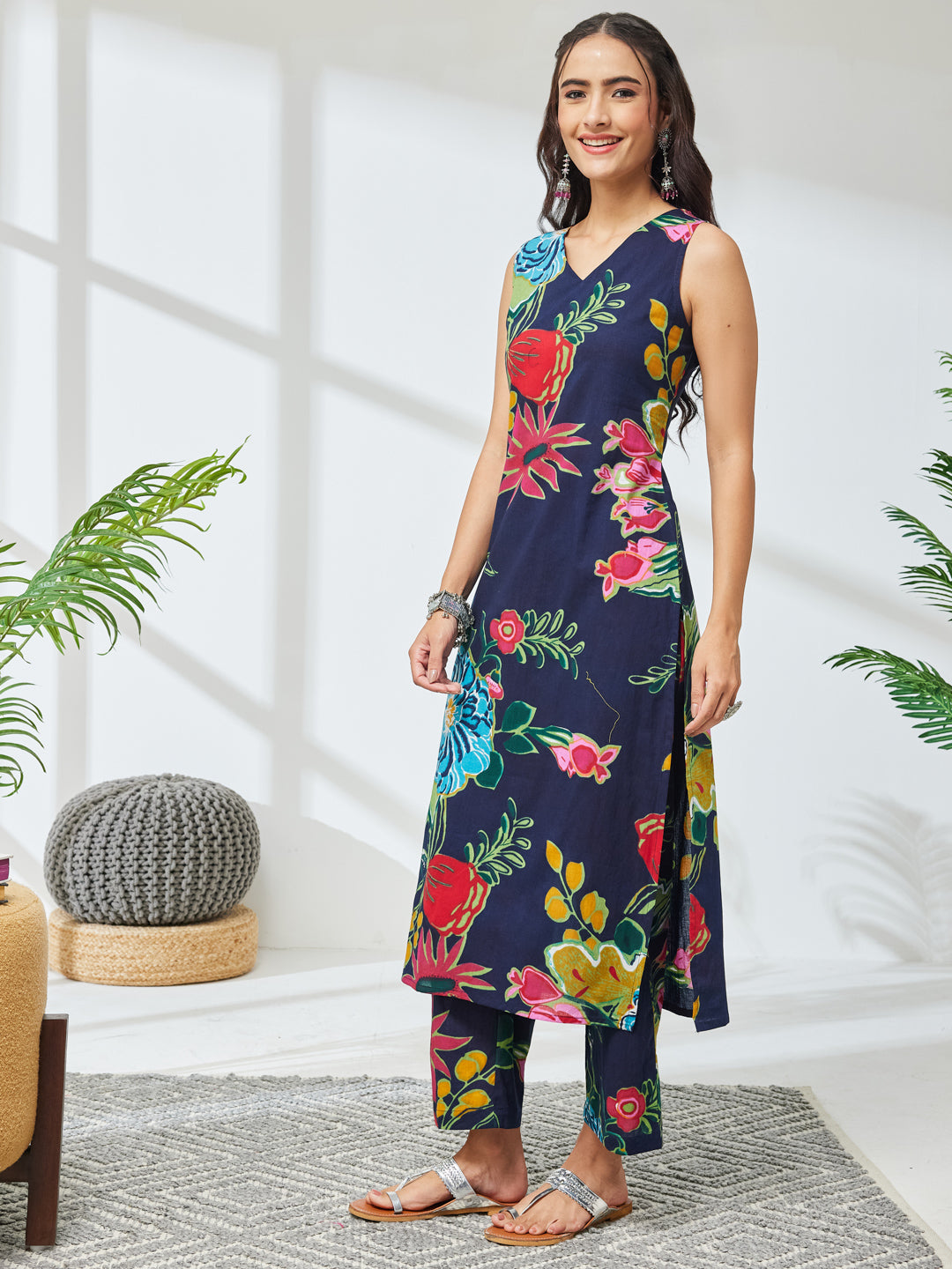 Janasya Navy Blue Straight Cotton Kurta & Bottom - Dista