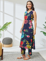 Thumbnail for Janasya Navy Blue Straight Cotton Kurta & Bottom - Dista