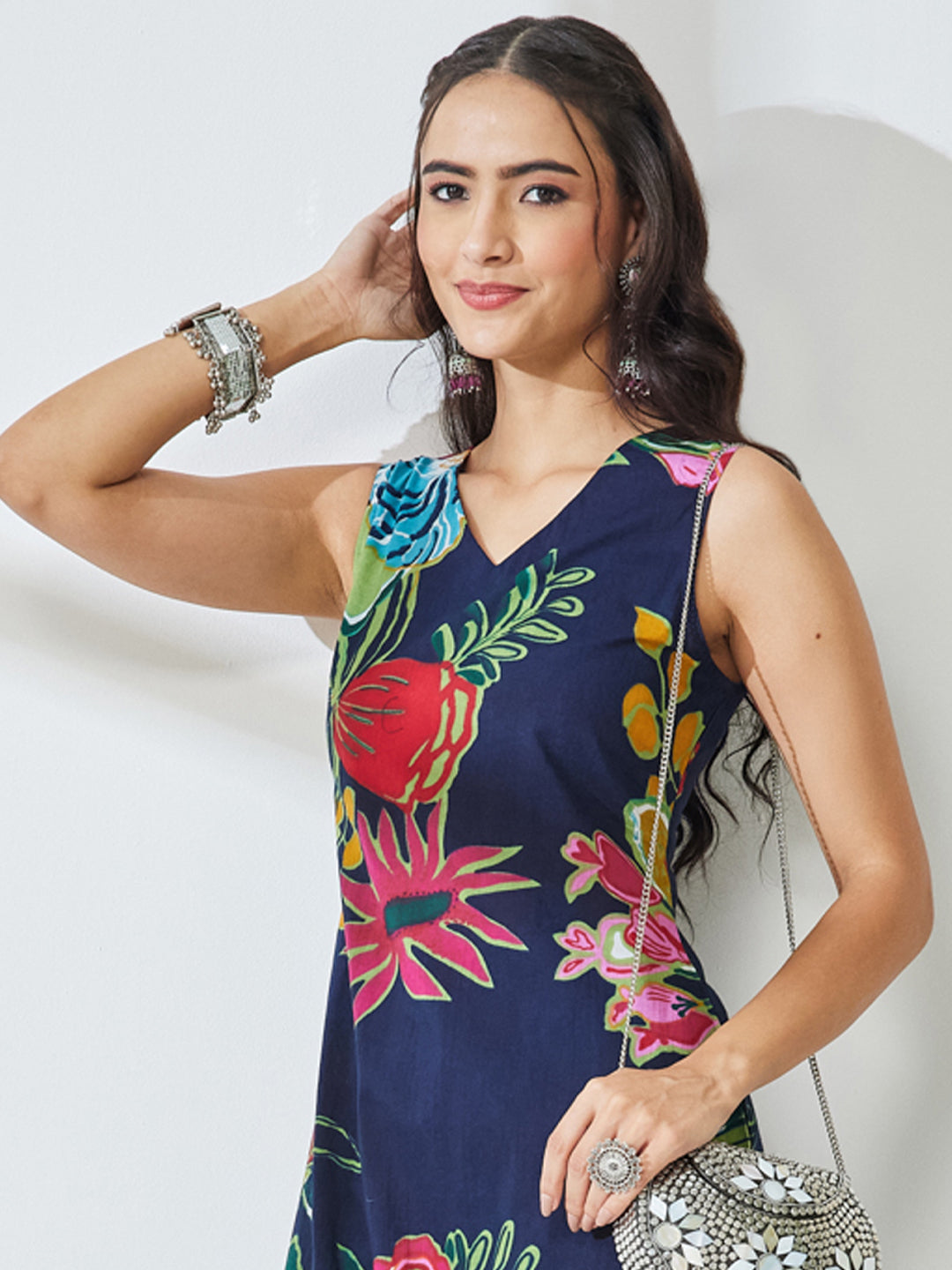Janasya Navy Blue Straight Cotton Kurta & Bottom - Dista