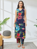 Thumbnail for Janasya Navy Blue Straight Cotton Kurta & Bottom - Dista