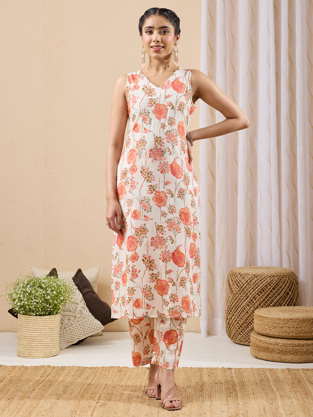 Janasya Off White Straight Cotton Kurta & Bottom - Dista