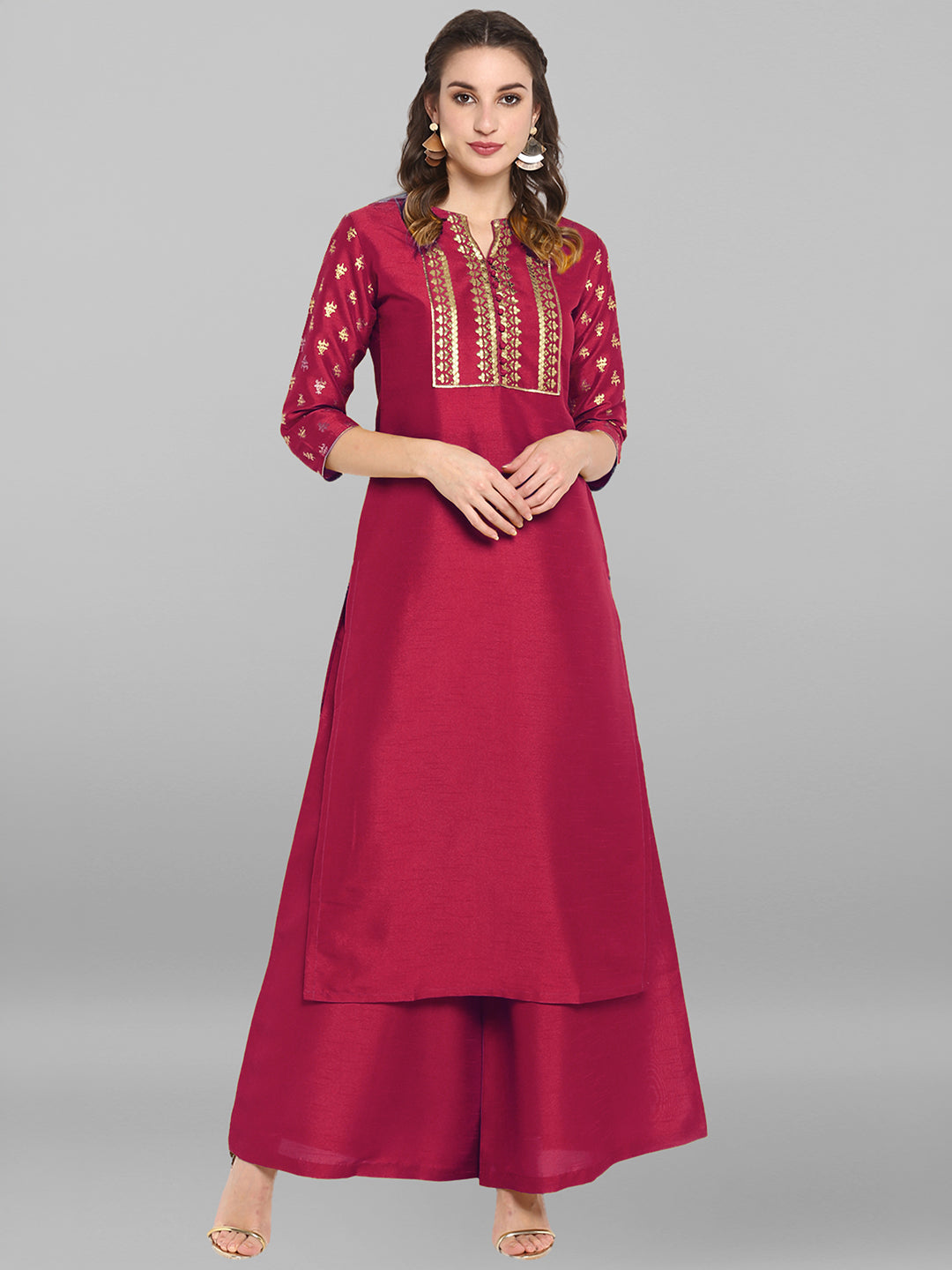 Janasya Magenta Straight Silk Blend Kurta & Bottom - Dista