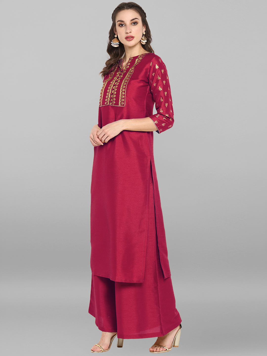 Janasya Magenta Straight Silk Blend Kurta & Bottom - Dista