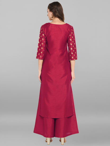 Janasya Magenta Straight Silk Blend Kurta & Bottom - Dista