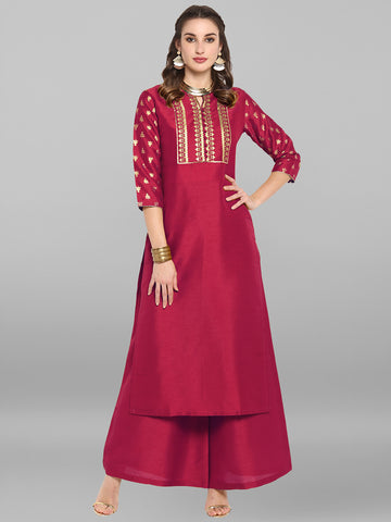 Janasya Magenta Straight Silk Blend Kurta & Bottom - Dista