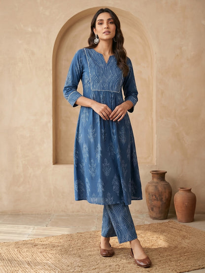 Janasya Indigo A-Line Cotton Kurta & Bottom - Dista