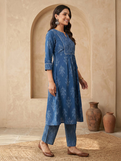Janasya Indigo A-Line Cotton Kurta & Bottom - Dista