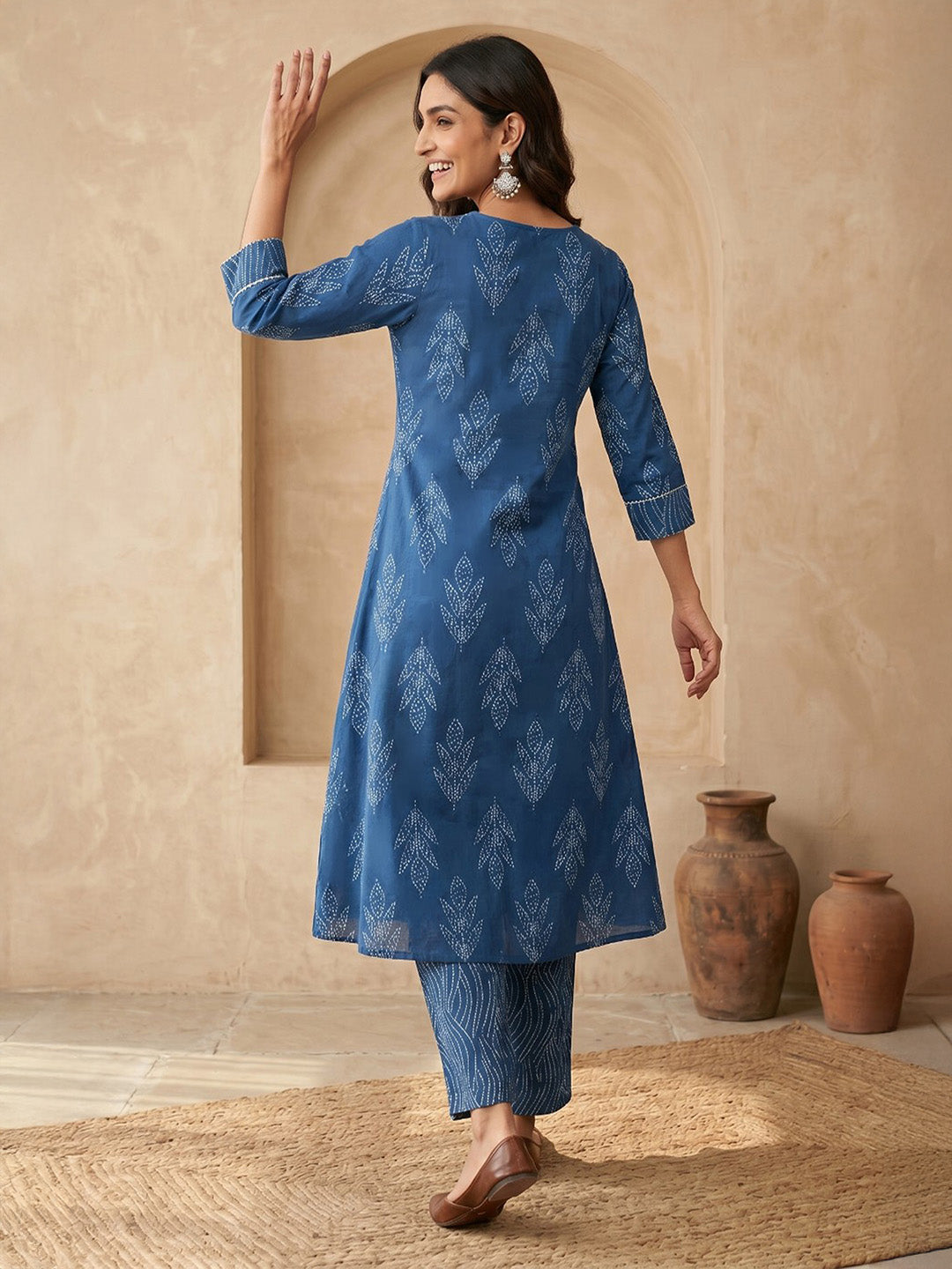 Janasya Indigo A-Line Cotton Kurta & Bottom - Dista