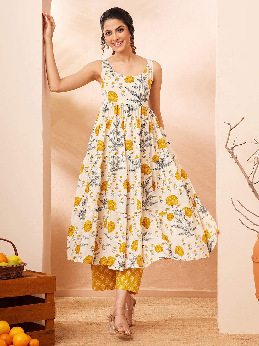 Janasya Off White Tiered Cotton Kurta & Bottom - Dista
