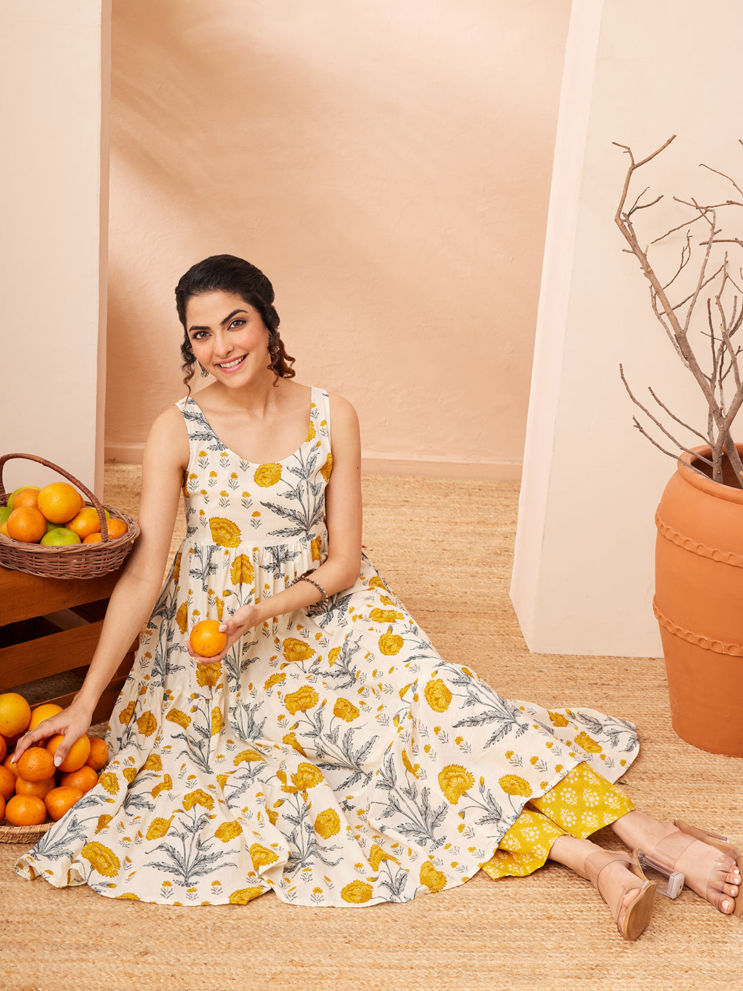 Janasya Off White Tiered Cotton Kurta & Bottom - Dista