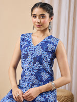 Thumbnail for Janasya Blue Straight Cotton Kurta & Bottom - Dista