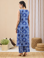 Thumbnail for Janasya Blue Straight Cotton Kurta & Bottom - Dista