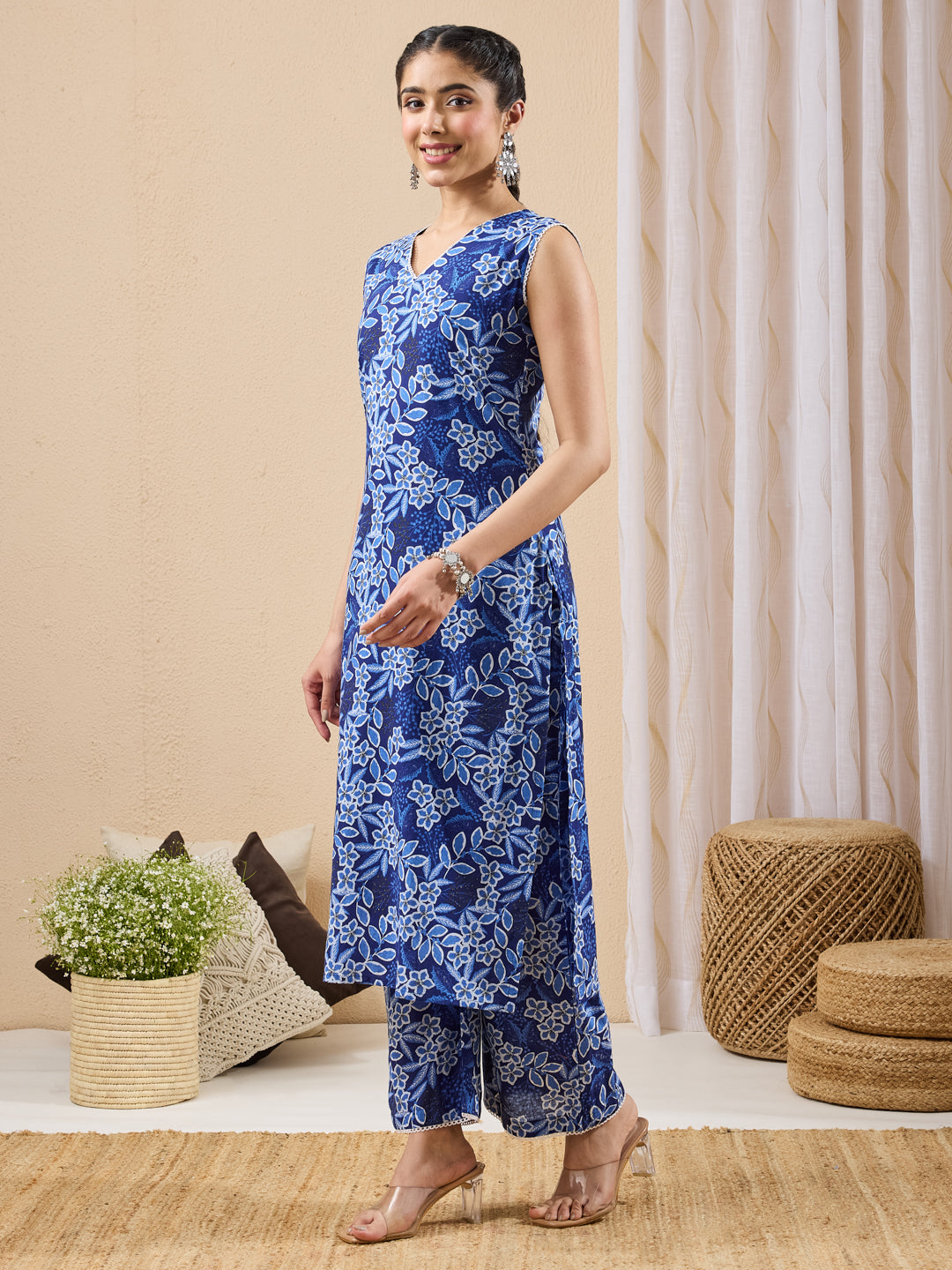 Janasya Blue Straight Cotton Kurta & Bottom - Dista