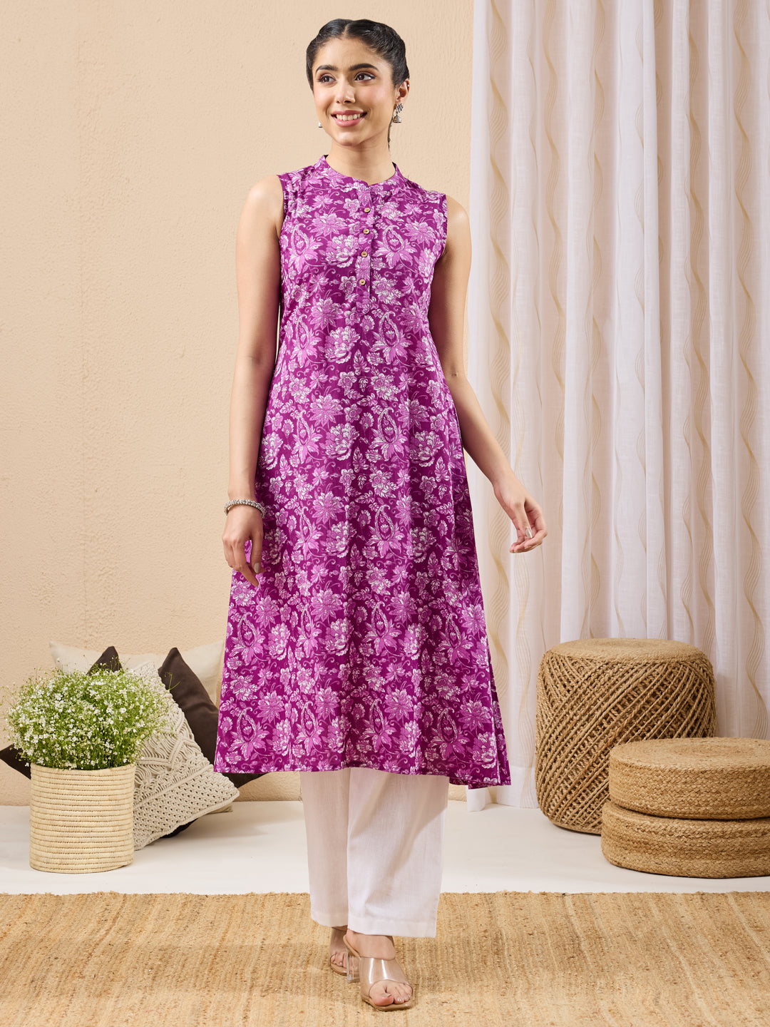 Janasya Purple A-Line Cotton Kurta - Dista