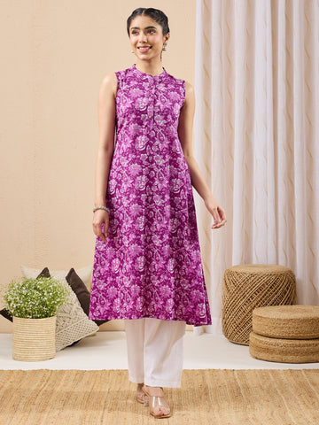 Janasya Purple A-Line Cotton Kurta - Dista