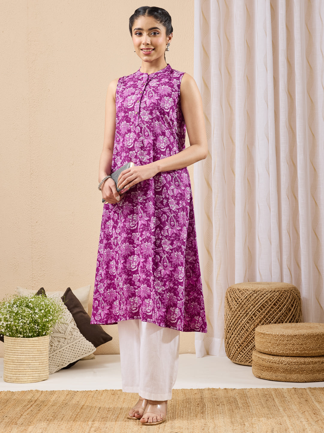 Janasya Purple A-Line Cotton Kurta - Dista