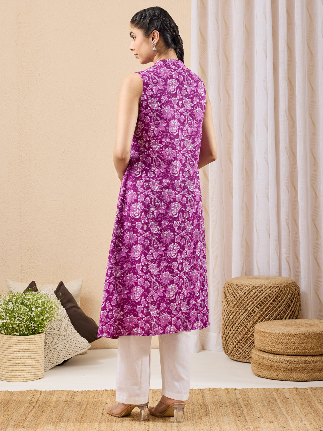 Janasya Purple A-Line Cotton Kurta - Dista