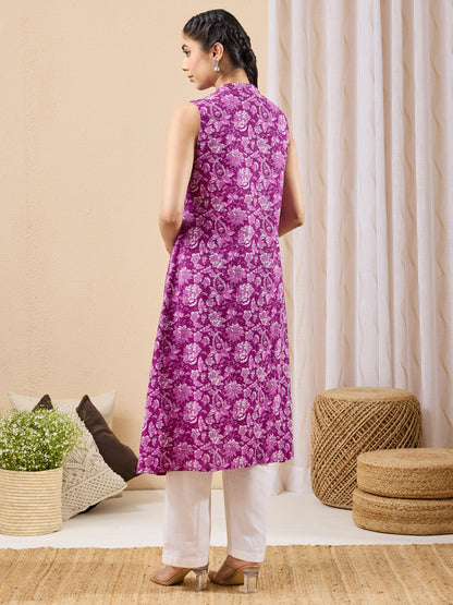 Janasya Purple A-Line Cotton Kurta - Dista