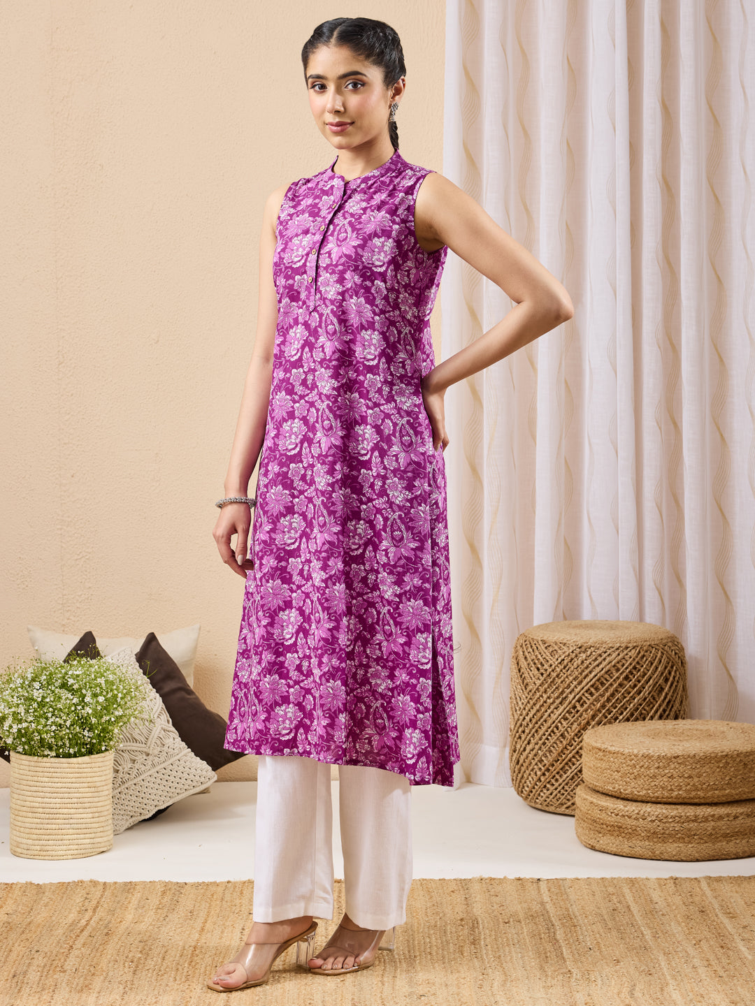 Janasya Purple A-Line Cotton Kurta - Dista