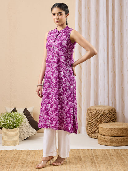 Janasya Purple A-Line Cotton Kurta - Dista