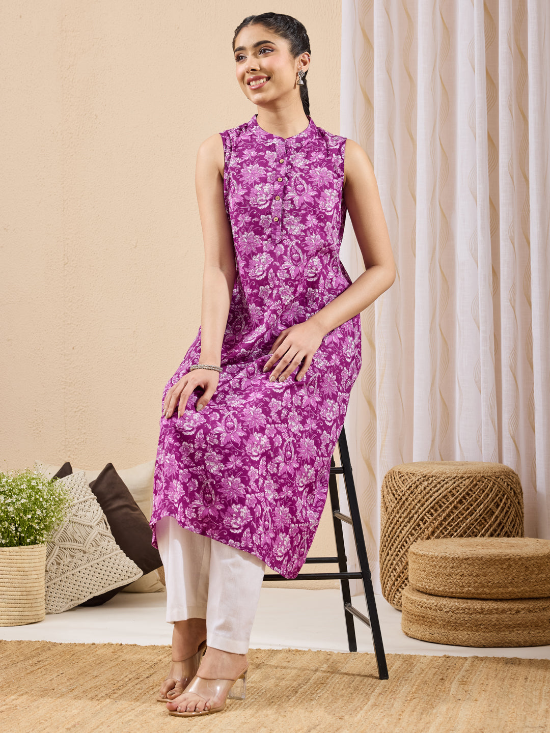 Janasya Purple A-Line Cotton Kurta - Dista