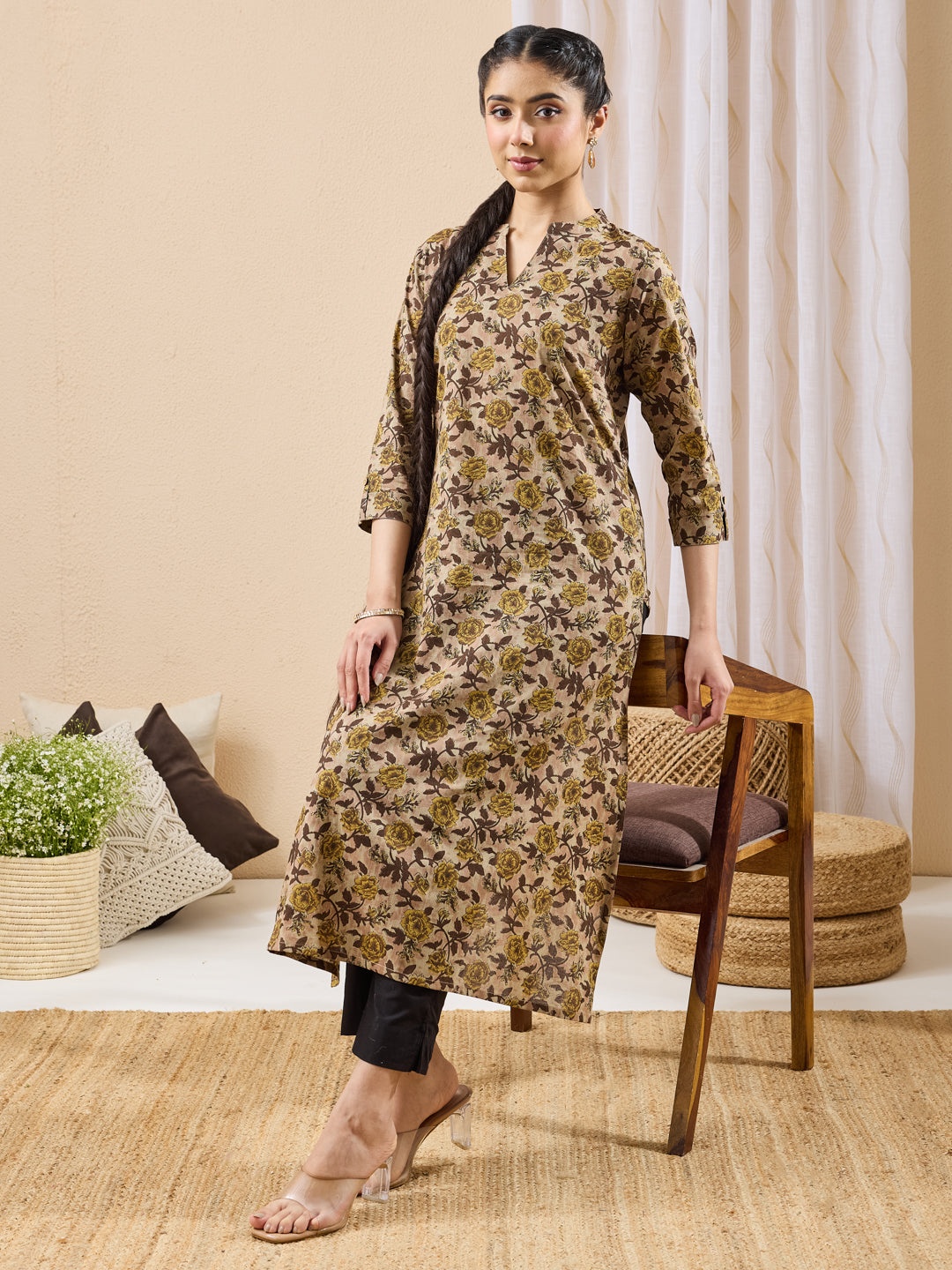 Janasya Brown Straight Cotton Kurta - Dista