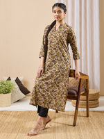 Thumbnail for Janasya Brown Straight Cotton Kurta - Dista