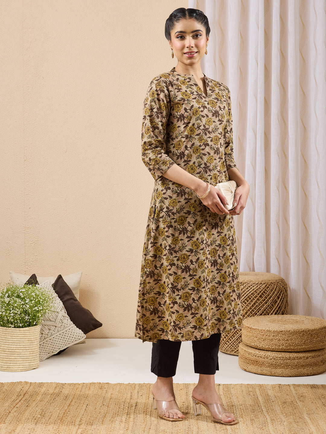 Janasya Brown Straight Cotton Kurta - Dista