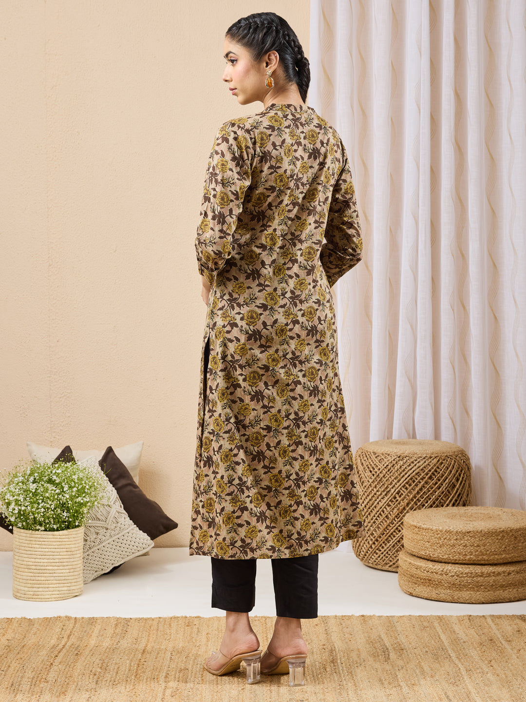 Janasya Brown Straight Cotton Kurta - Dista