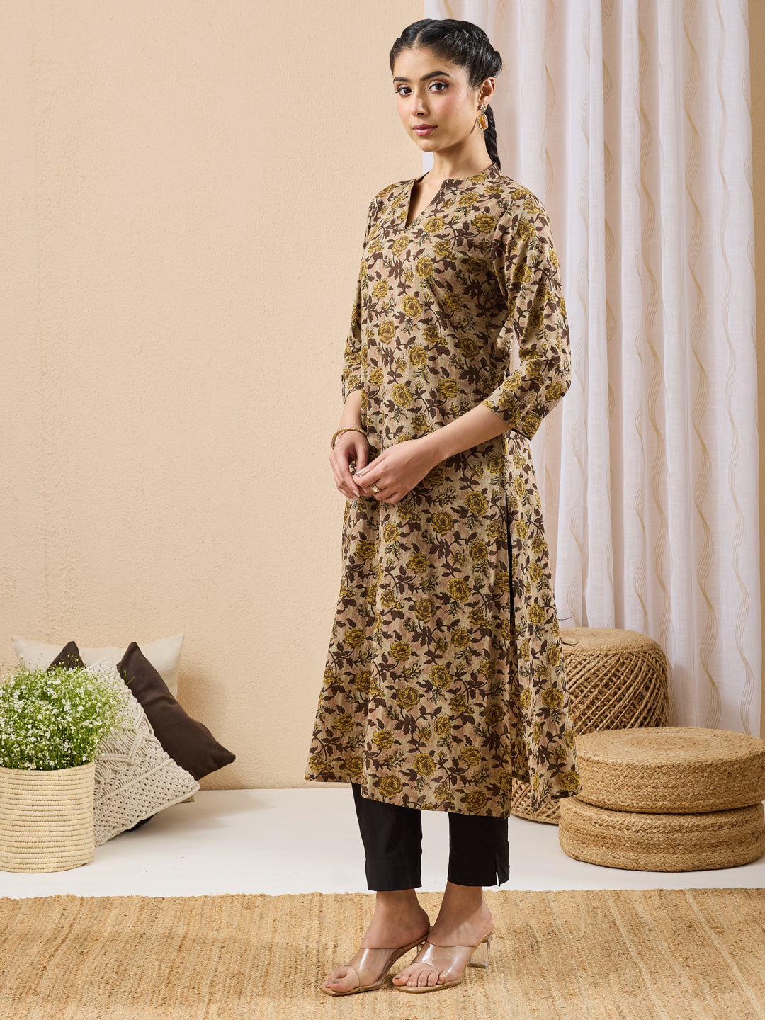 Janasya Brown Straight Cotton Kurta - Dista