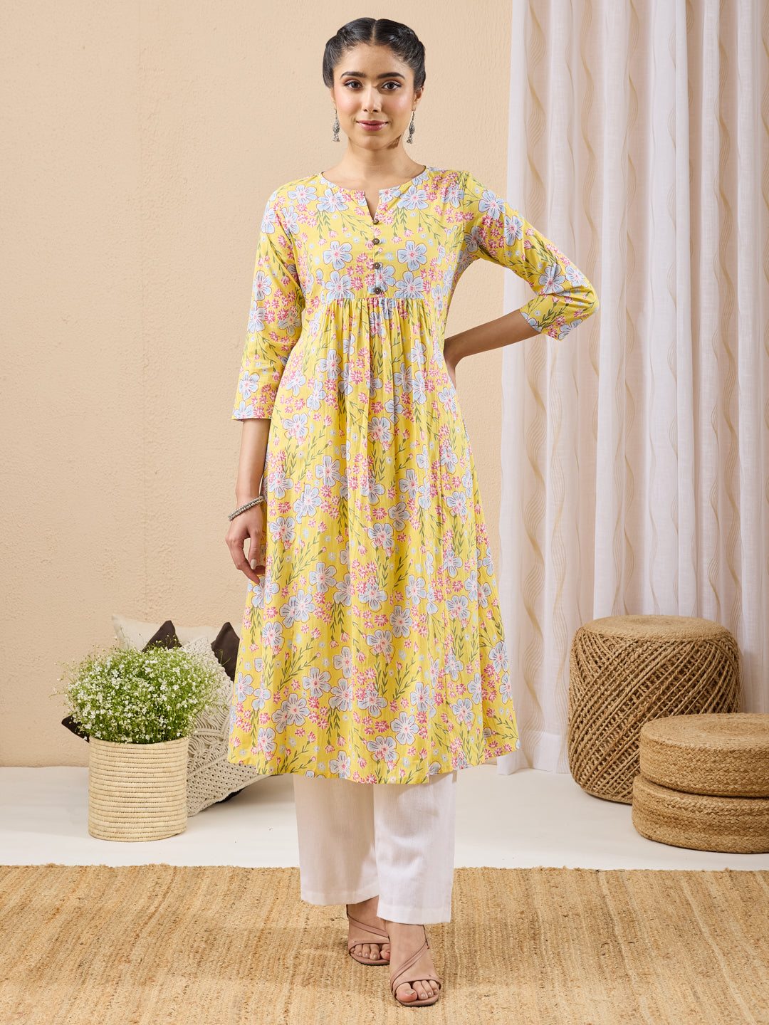Janasya Yellow A-Line Cotton Kurta - Dista