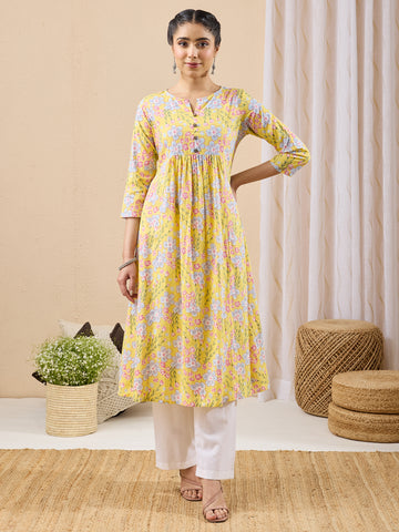 Janasya Yellow A-Line Cotton Kurta - Dista