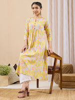 Thumbnail for Janasya Yellow A-Line Cotton Kurta - Dista