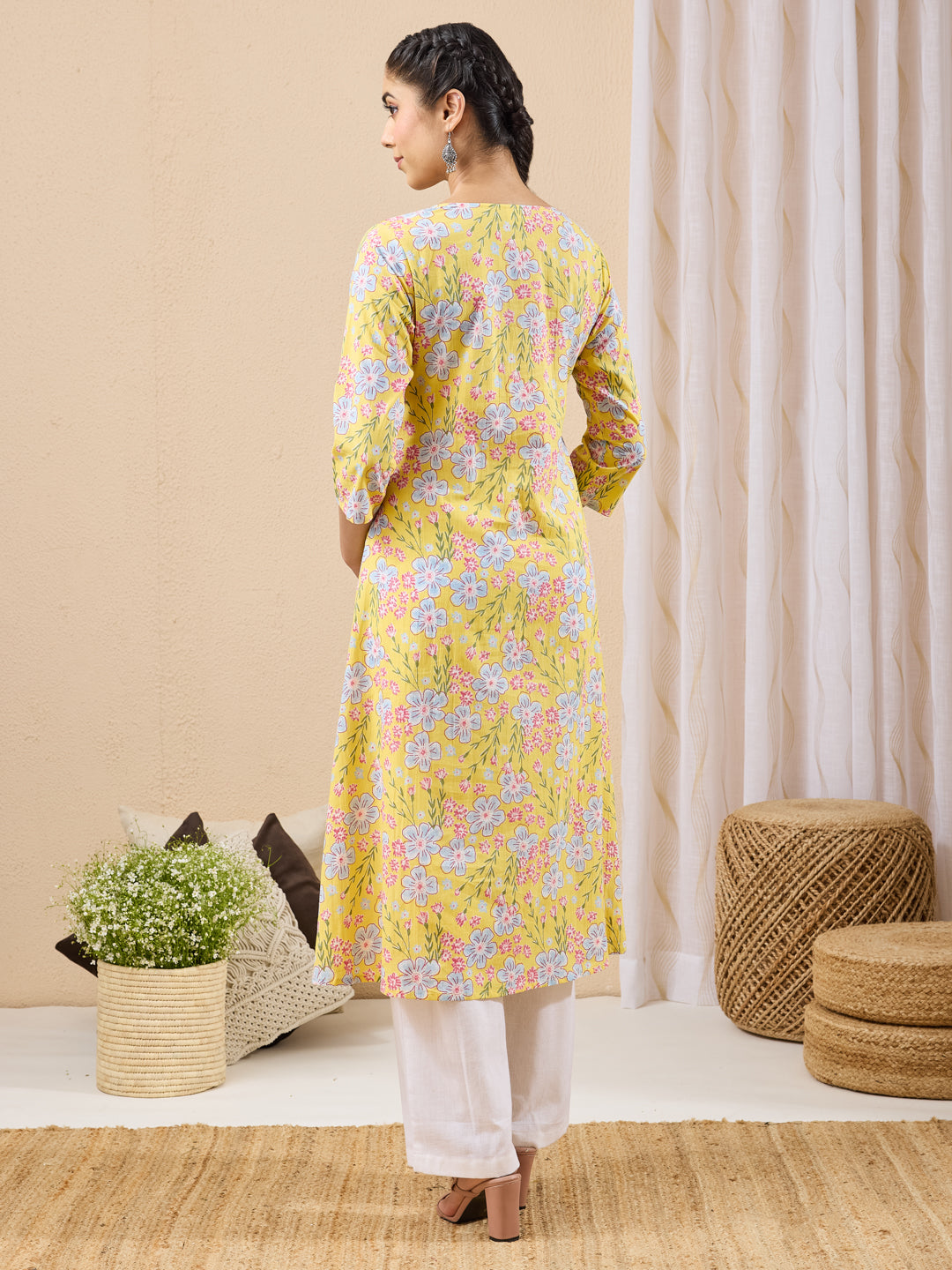 Janasya Yellow A-Line Cotton Kurta - Dista