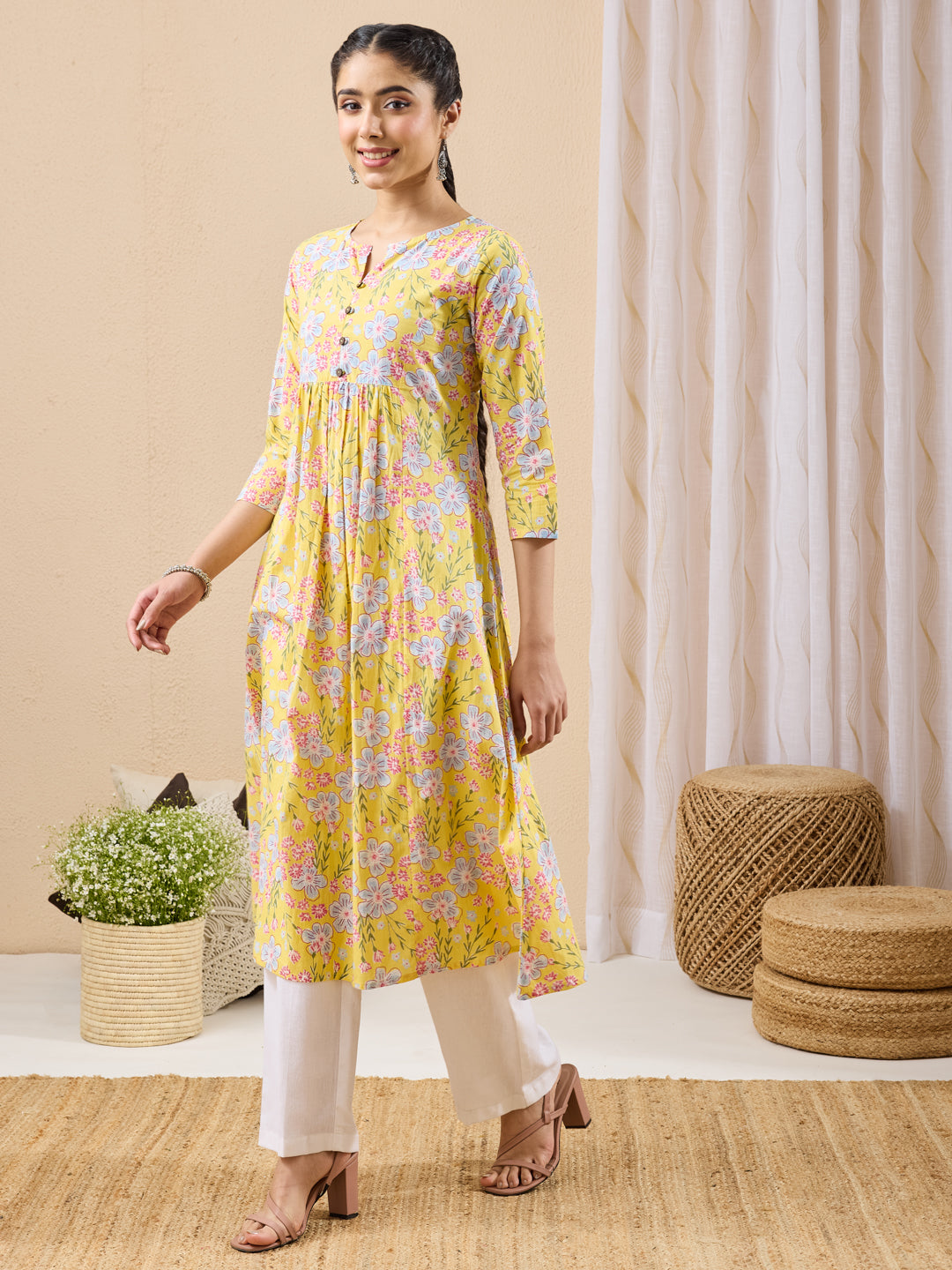 Janasya Yellow A-Line Cotton Kurta - Dista